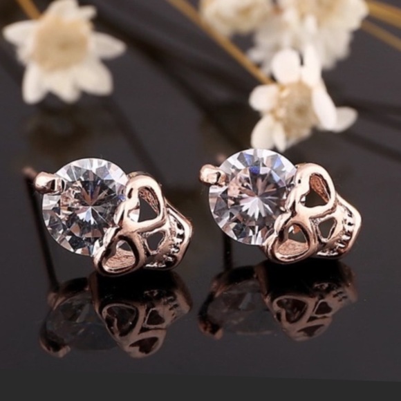 Rose Gold Crystal Skull Stud Earrings - Picture 2 of 16